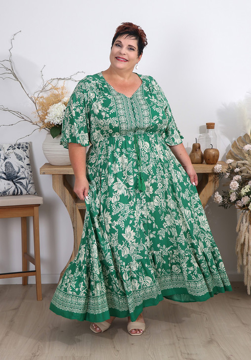 Plus Size Green And White Boho Maxi Dress