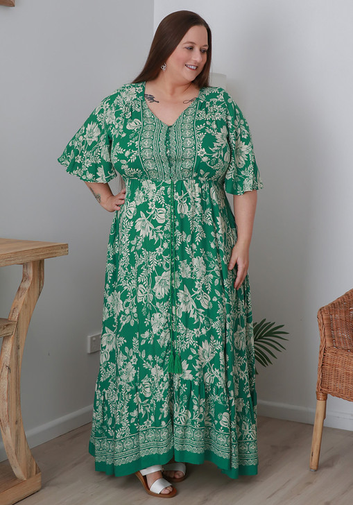 Green And White Boho Maxi Dress