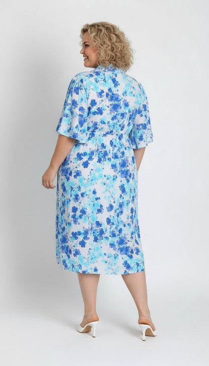 Plus Size Blue Blossom Tie Waist Dress