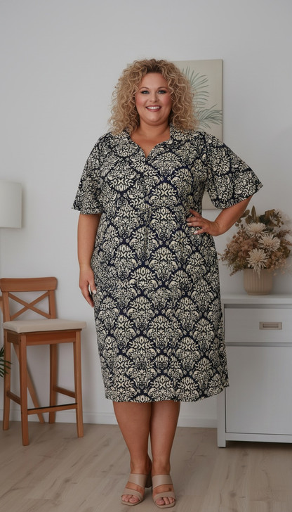 Navy Floral Pattern Tie Waist Dress