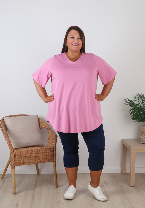 Plus Size Pink V Neck Cotton Tee Curvaceous