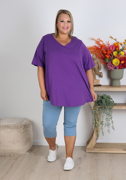 Plus Size Purple V Neck Cotton Tee