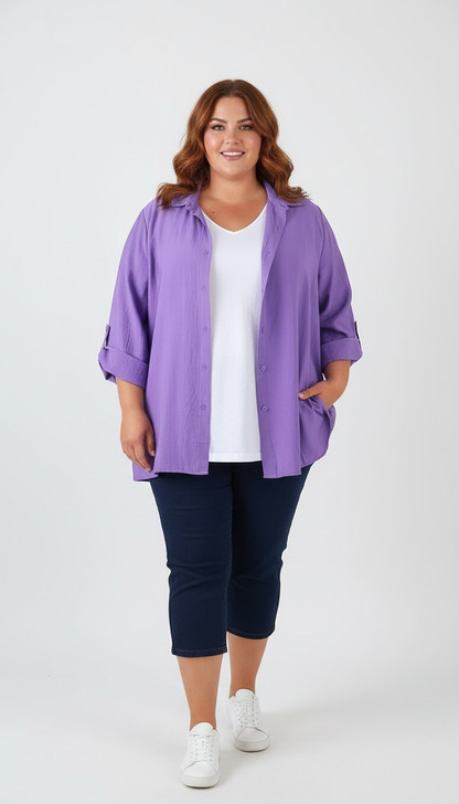 Plus Size Relaxed Fit Button Up Shirt in Purple 