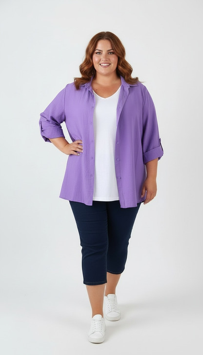 Plus Size Relaxed Fit Button Up Shirt in Purple 