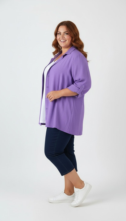 Plus Size Relaxed Fit Button Up Shirt in Purple 