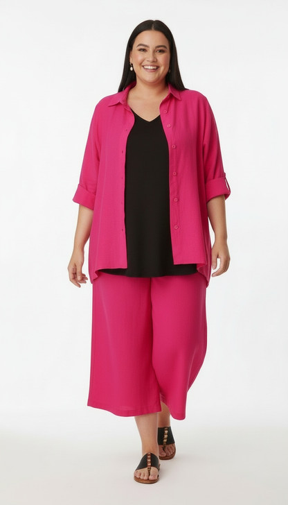 Plus Size Relaxed Fit Button Up Shirt in Magenta 