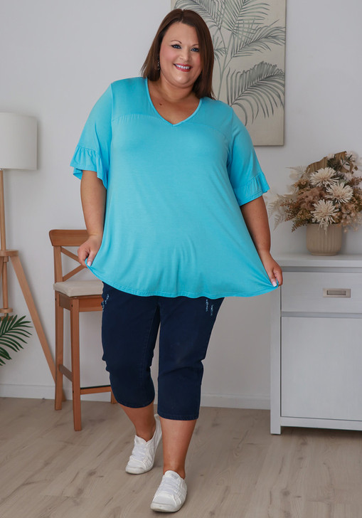 Plus Size Sky Blue Bamboo Tee With Frill Sleeves