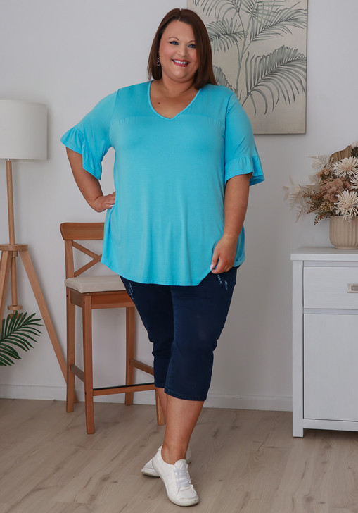 Plus Size Sky Blue Bamboo Tee With Frill Sleeves