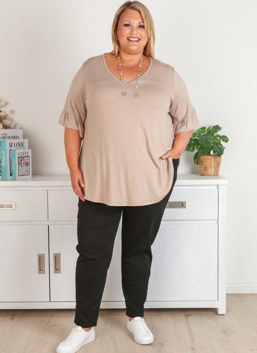 Plus Size Taupe Bamboo Tee With Frill Sleeves