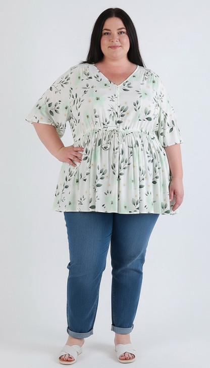 Plus Size Leaf And Flower Tie Waist Top