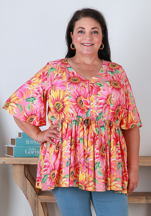 Plus Size Sunflowers On Pink Tie Waist Top