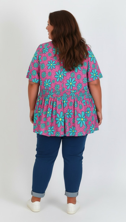 Blue Daisies On Pink Shirred Waist Top