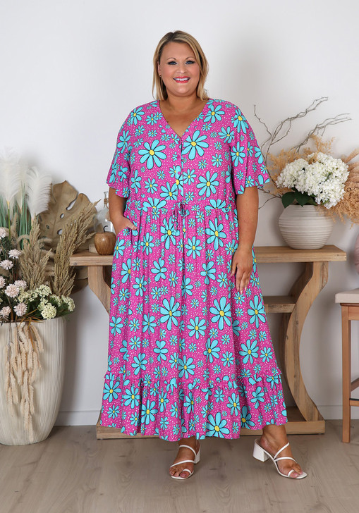 Plus Size Blue Daisies On Pink Maxi Dress