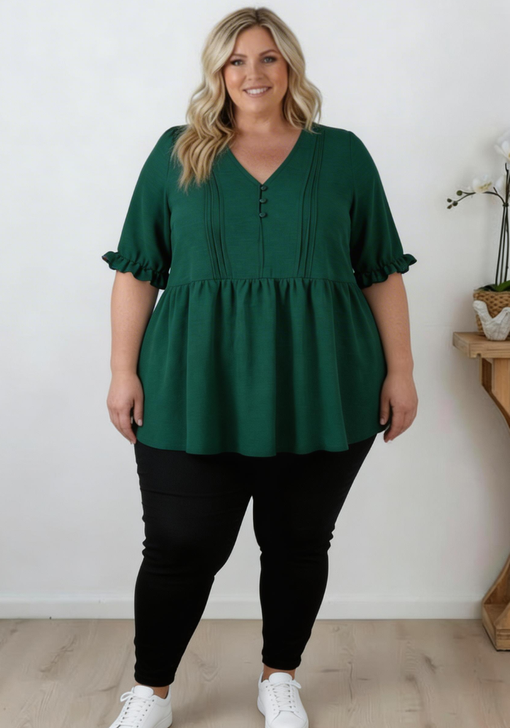 Plus Size Deep Green Elbow Sleeve Dressy Top 
