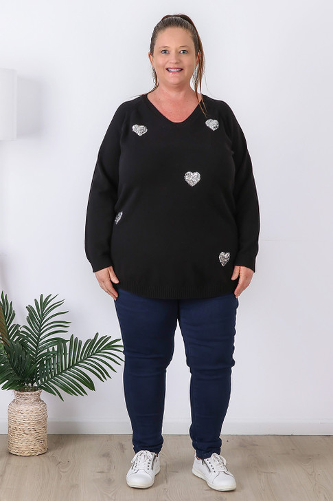 Plus Size Sequin Hearts Jumper In Black