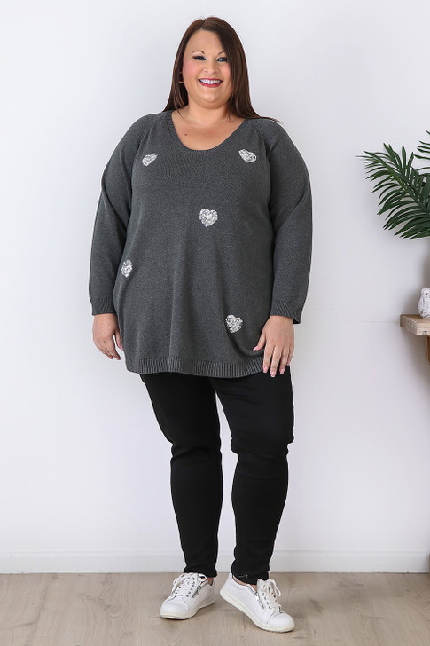 Plus Size Sequin Hearts Jumper In Grey