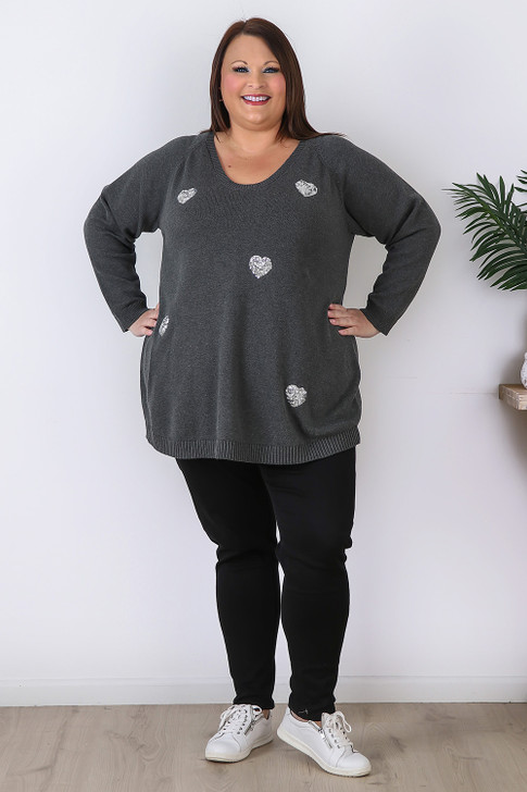Plus Size Sequin Hearts Jumper In Grey