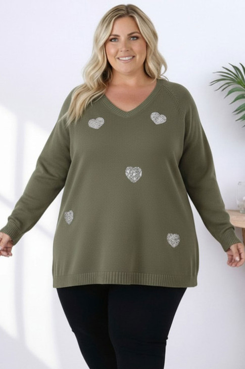 Sequin Hearts Jumper In Khaki