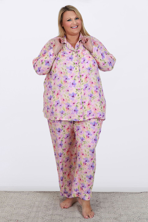 Plus Size Lilac Floral Winter Pyjama Set in Sizes 18 to 32
