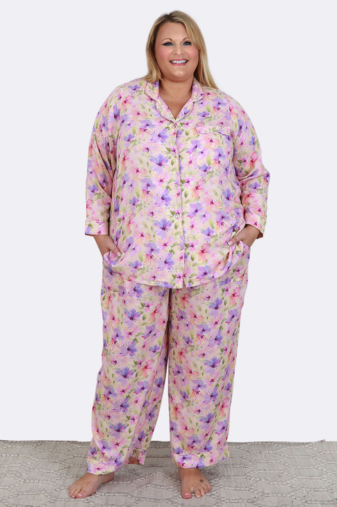 Plus Size Pastel Floral Winter Pyjama Set in Sizes 18 to 32