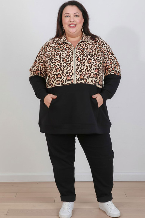 Plus Size Zip Cotton Sweater In Two Tone Leopard