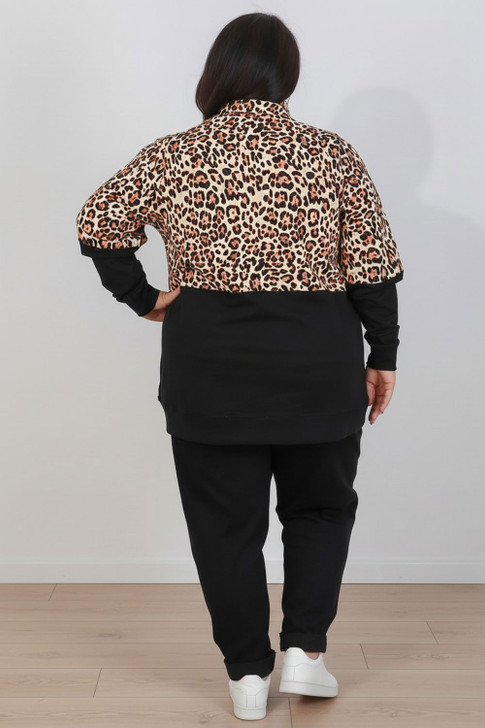 Plus Size Zip Cotton Sweater In Two Tone Leopard