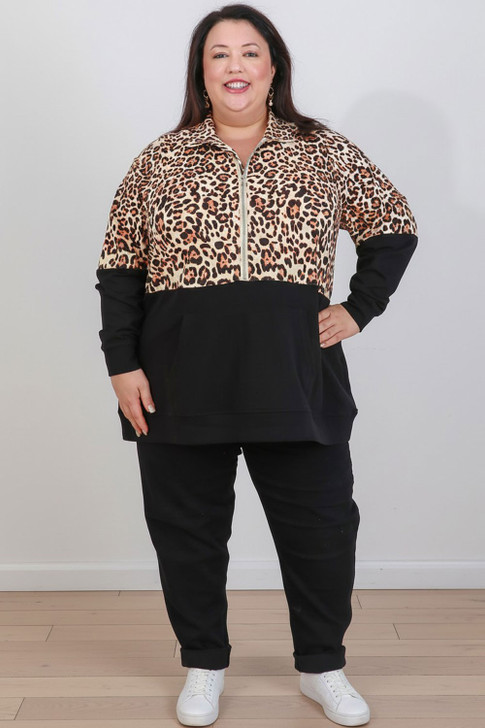 Plus Size Zip Cotton Sweater In Two Tone Leopard
