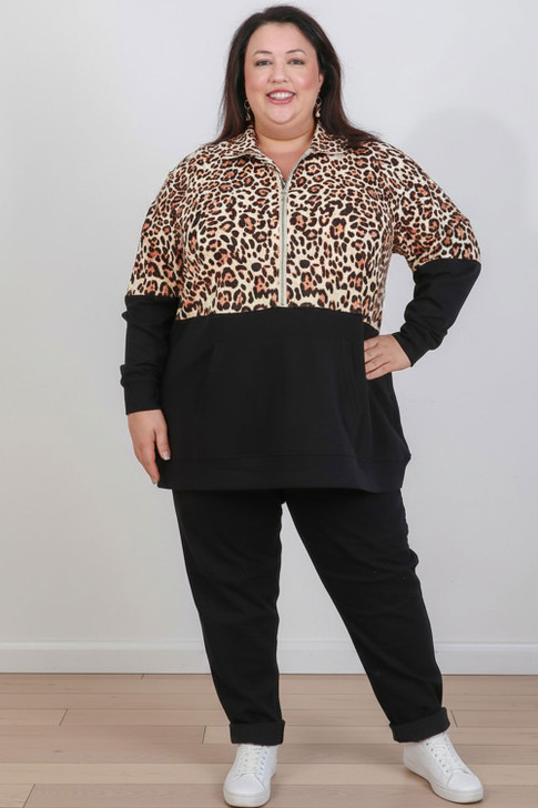 Plus Size Zip Cotton Sweater In Two Tone Leopard