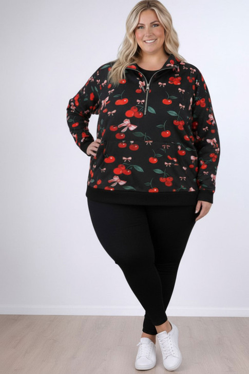 Zip Cotton Sweater Cherries And Bows