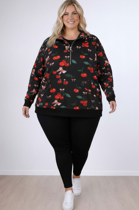 Plus Size Zip Pull Over In Cherries And Bows