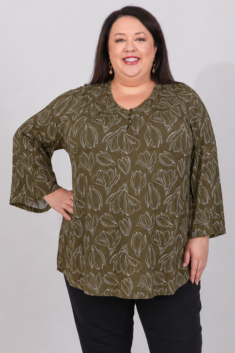 Relaxed Fit Top In Khaki Floral Outline