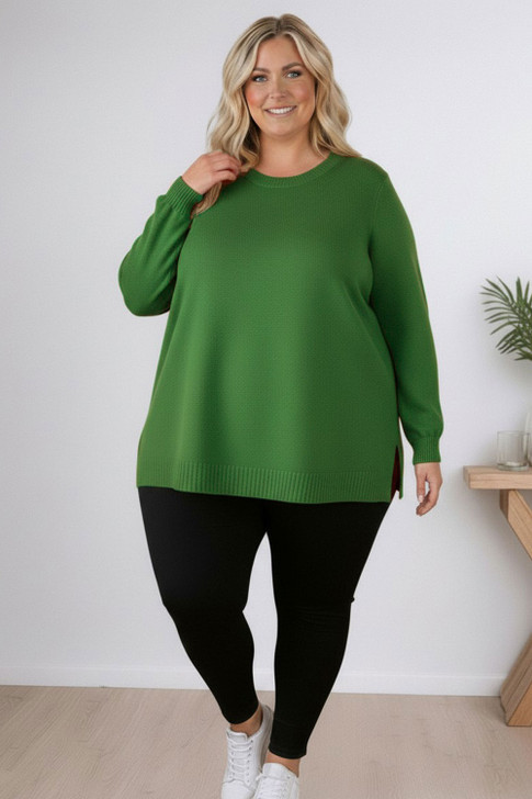 Plus Size Apple Green Crew Neck Cotton Knit Jumper
