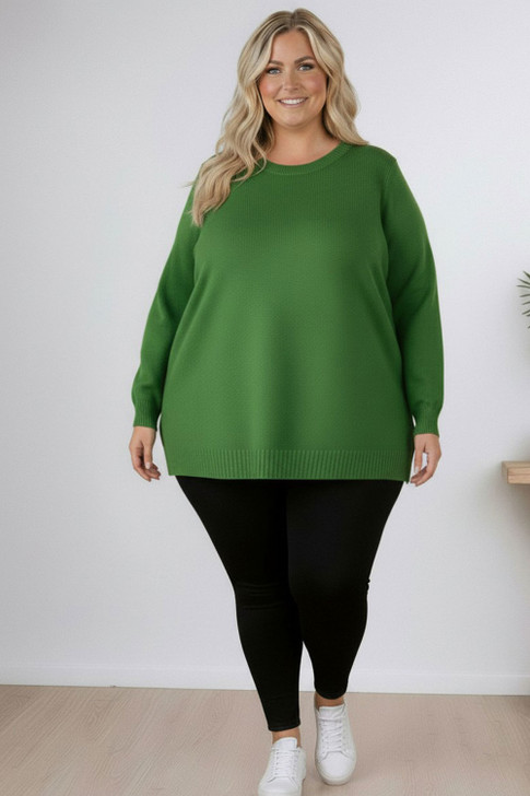 Plus Size Apple Green Crew Neck Cotton Knit Jumper