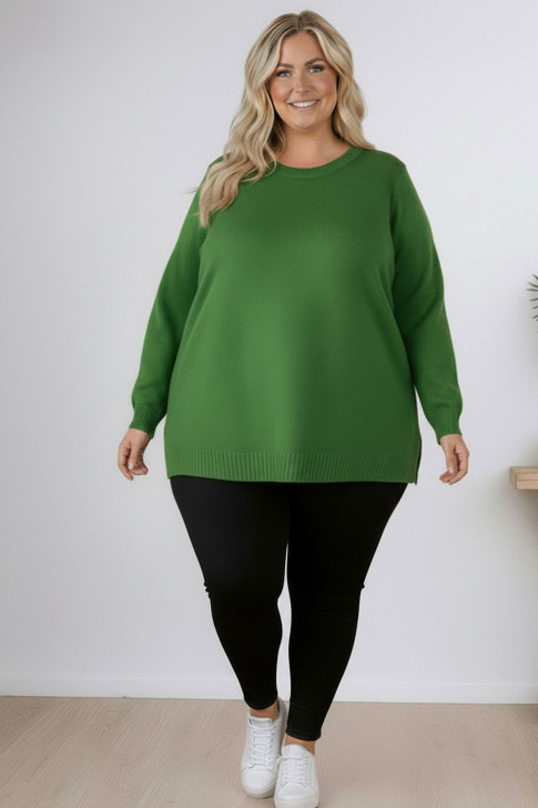 Plus Size Apple Green Crew Neck Cotton Knit Jumper