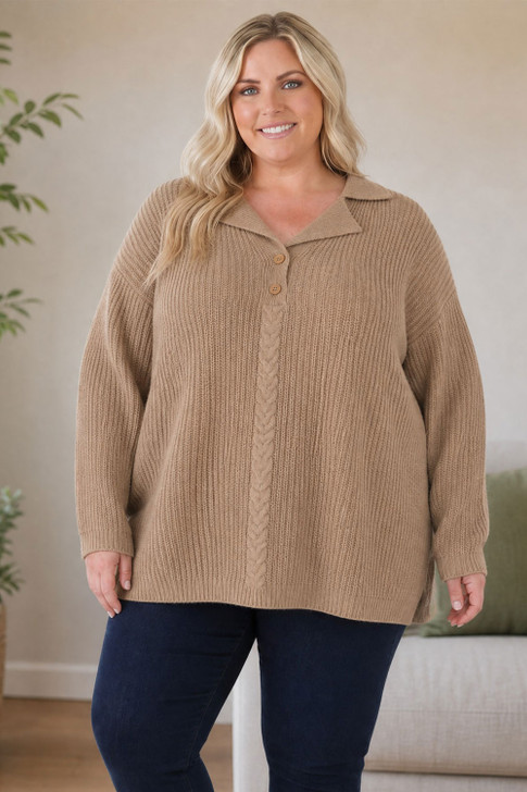 Ribbed Knit Latte Jumper With Decorative Braid
