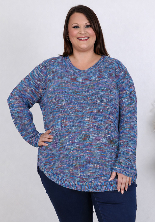 Curved Hem Knit Jumper In Blue Blends