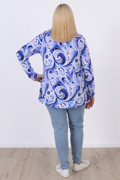 Plus Size Square Neck Top With Blue Swirls