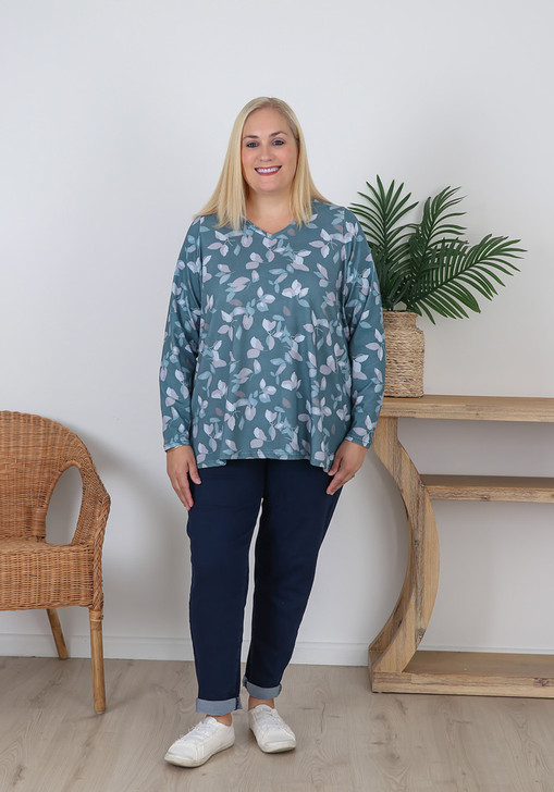 Plus Size Stretch Cotton Grey Green Floral Top