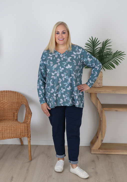 Plus Size Stretch Cotton Grey Green Floral Top