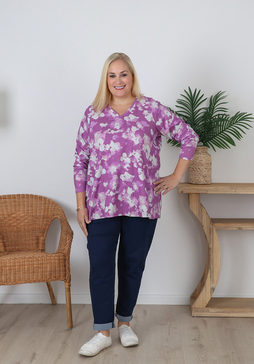 Plus Size Stretch Cotton Mauve Floral Top