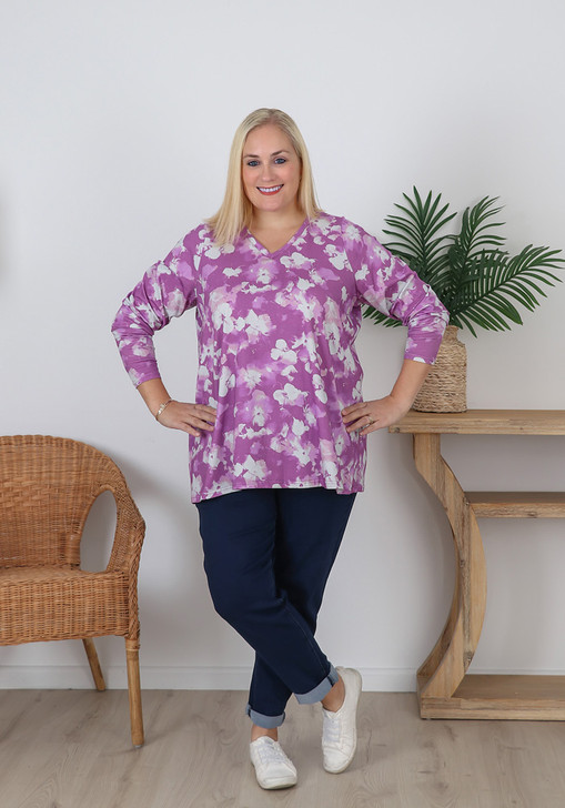 Plus Size Stretch Cotton Mauve Floral Top