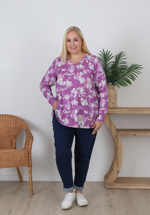 Plus Size Stretch Cotton Mauve Floral Top