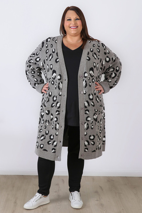 Plus Size Button Up Long Grey Leopard Cardigan