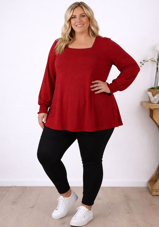 Plus Size Ruffle Cuff Square Neck Claret Top