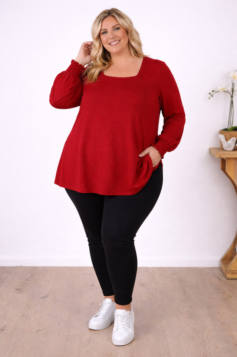 Plus Size Ruffle Cuff Square Neck Claret Top