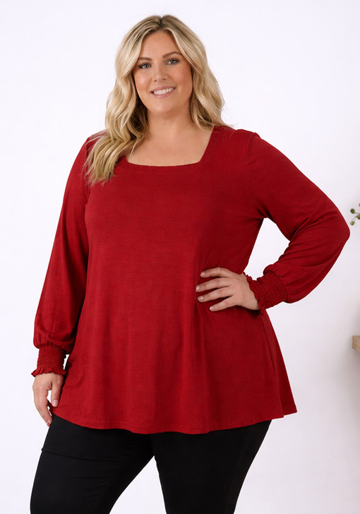Claret Square Neck Shirred Cuff Top