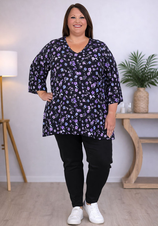 plus size elbow sleeve stretch top in Lilac Floral