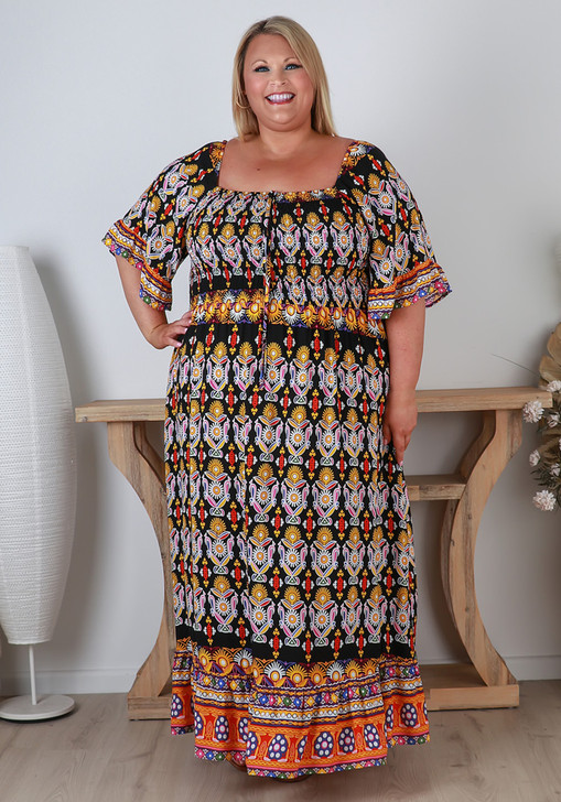 Plus Size Shirred Bust Aztec Maxi Dress