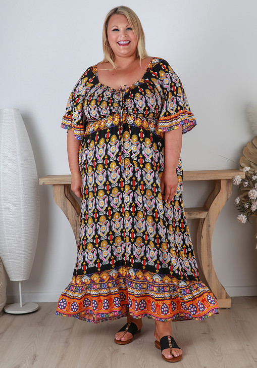 Plus Size Shirred Bust Aztec Maxi Dress