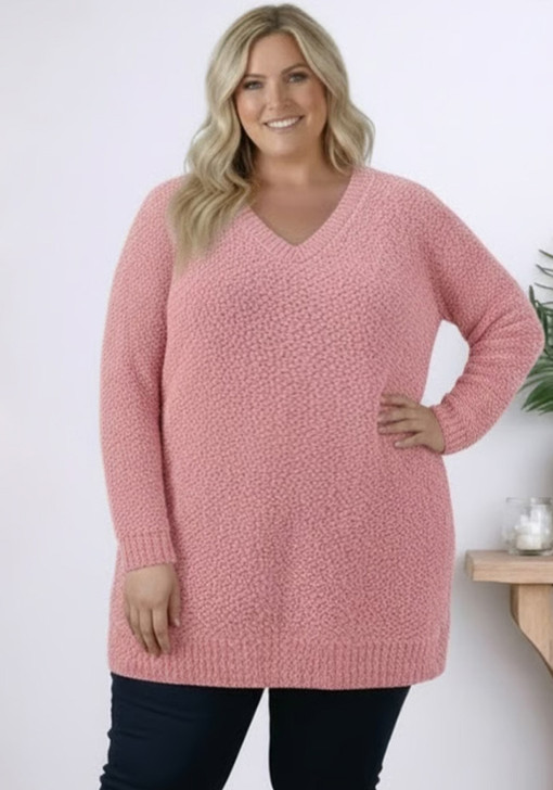 Blush Popcorn Knit V Neck Jumper